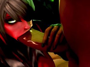 Девушка демон делает минет огромному мужику