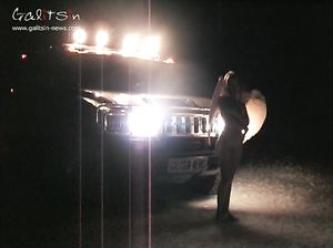 Стройные русские давалки позируют голыми на ночной трассе