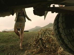 Городская мадам принимает холодный сельский душ